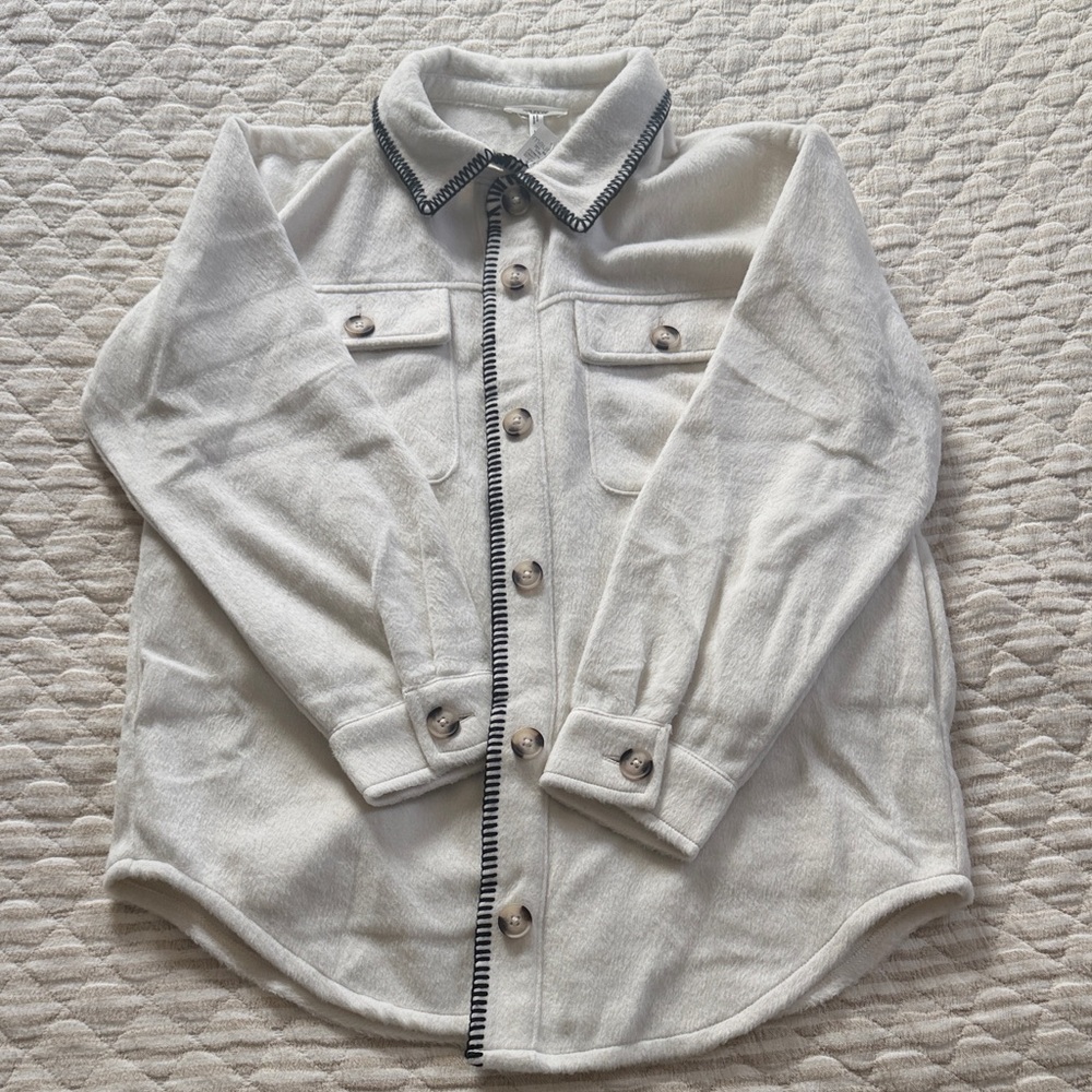 Cream Button-Up Shacket with Contrast Trim